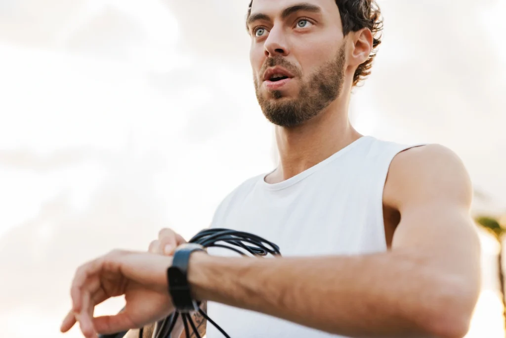 Un homme qui calcule sa fréquence cardiaque maximale